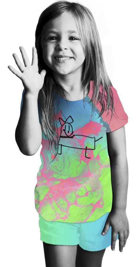 Girl in colorful shirt smiling and waving.